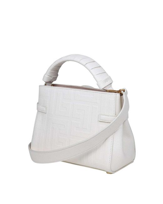 Balmain White Bbuzz Handbag In Monogram Leather