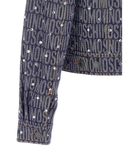 Moschino Blue Cotton Denim Blend Jacket With Signature Logo Pattern