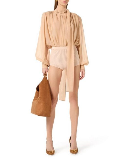 Elisabetta Franchi Natural Silk Georgette Bodysuit With Sash By