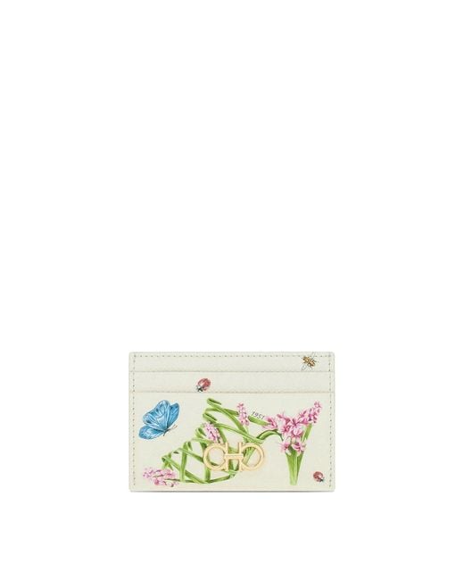 Ferragamo Metallic Gancini Card Holder With Floral Print
