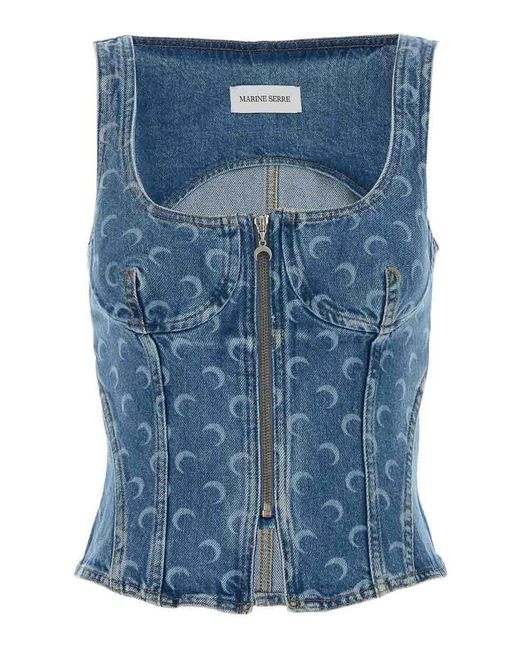 MARINE SERRE Blue Moon Denim Bustier Top