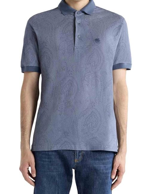 Etro Blue Cotton Polo Shirt With Arnica Pattern for men
