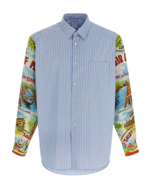 Comme des Garçons Blue Patterned Sleeve Cotton Poplin Shirt With Asymmetrical Hem for men