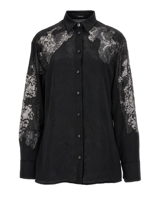 Versace Black Recycled-Effect Satin Shirt With Lace Inserts