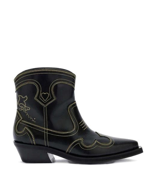 Ganni Black Low Shaft Embroidered Western Boot Oleatex