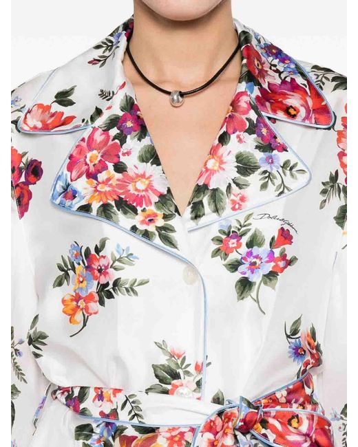 Dolce & Gabbana White Flower Print Silk Shirt