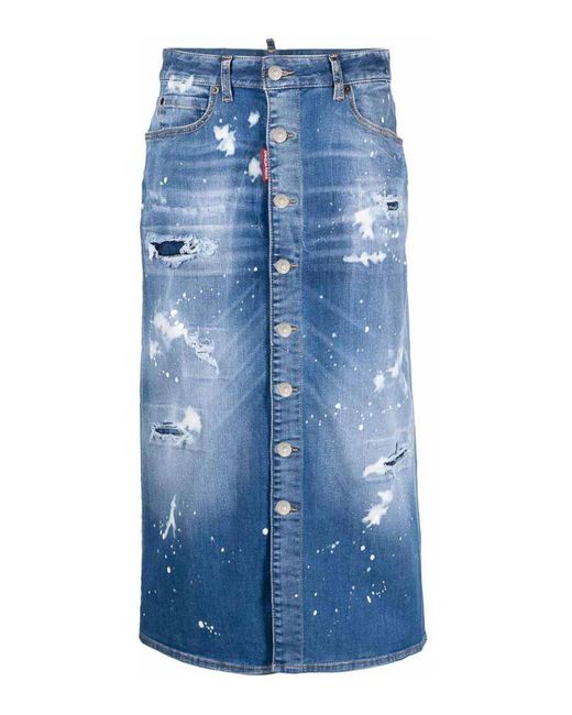 DSquared² Blue Distressed-Effect Denim Midi Skirt