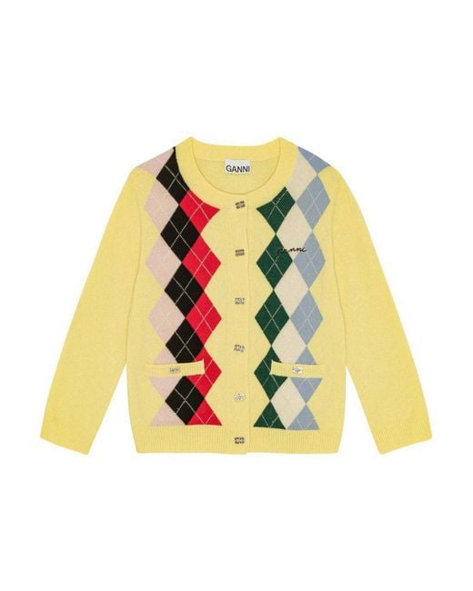 Ganni Yellow Long Sleeve Checkered Sweater With Button Closure