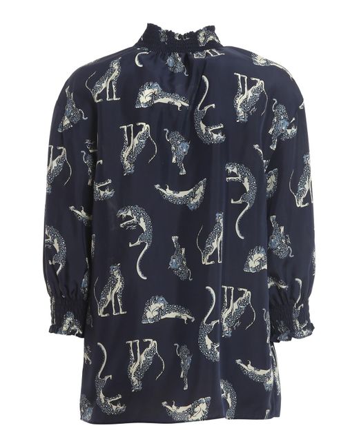 Karl Lagerfeld Blue Cheetah Print Silk Blouse