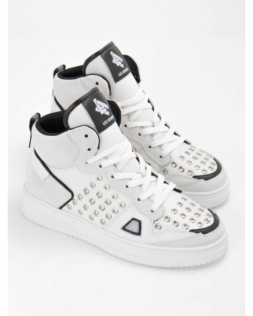 Les Hommes White Studded Back Pull Laced Sneakers for men