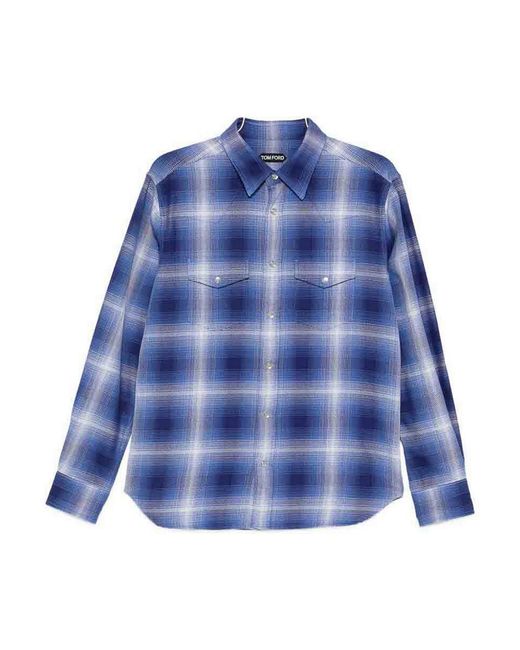 Tom Ford Blue Cotton Checked Shirt for men