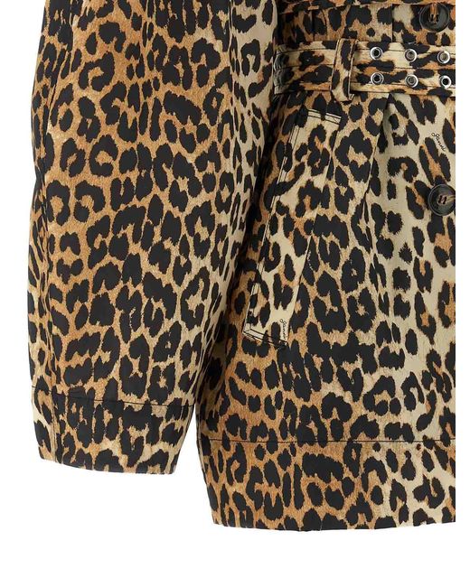 Ganni Brown Leopard Duchesse Nylon Short Trench Coat