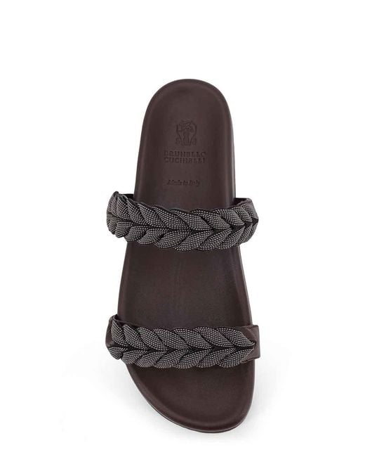 Brunello Cucinelli Brown Leather Sandals With Braided Monile Detail