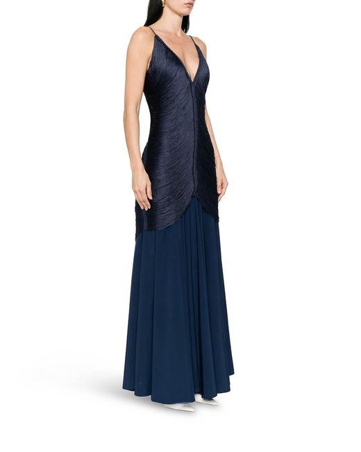 Bless Blue Long Nostalgia Dress With Fringes And V-Neck