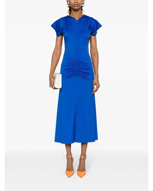 Victoria Beckham Blue Sleeveless Rouched Jersey Dress
