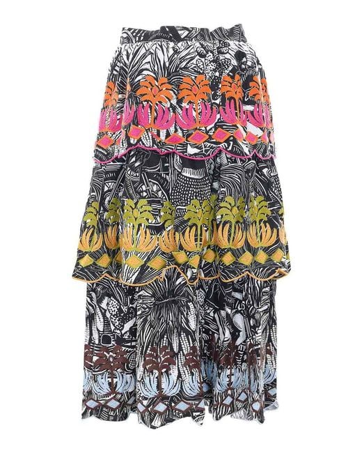 Farm Rio White Ruta Maxi Ruffled Skirt