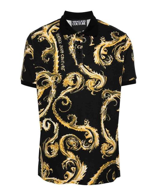Versace Jeans Couture Black Cotton Polo Shirt With Baroque Print for men