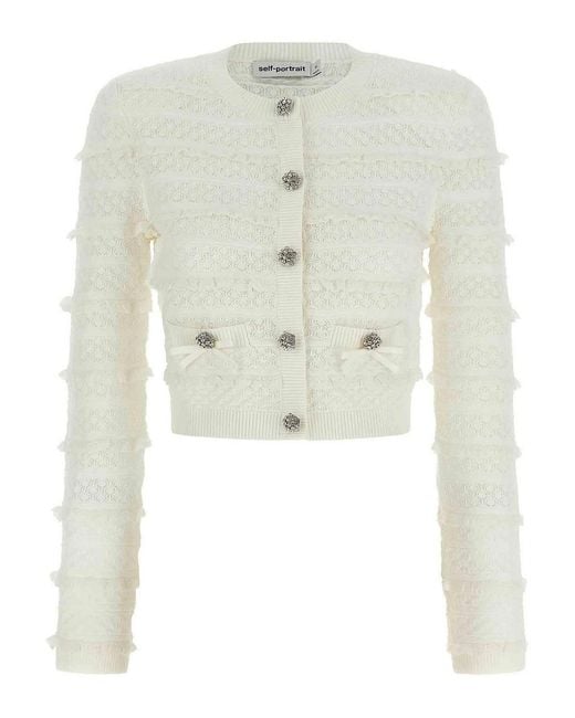 Self-Portrait White Pointelle Diamante Cardigan