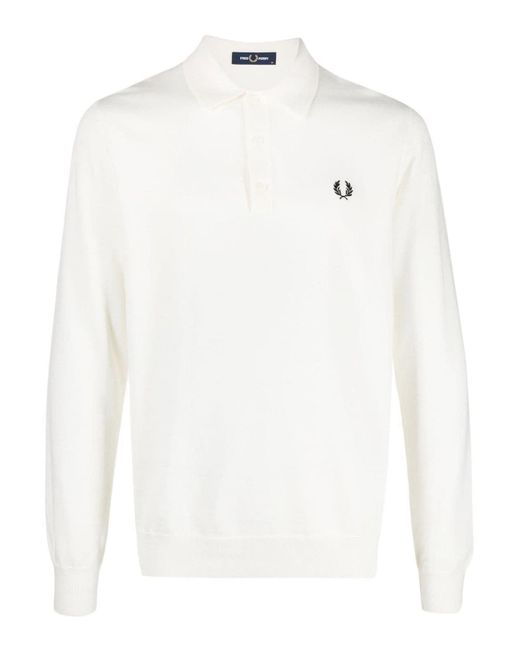 Fred Perry White Logo Wool Blend Polo Shirt for men