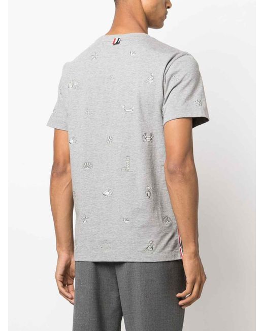 Thom Browne Gray Embroidered Cotton T-shirt for men