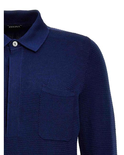 Zegna Blue Cotton Blend Sweater Button Collar for men