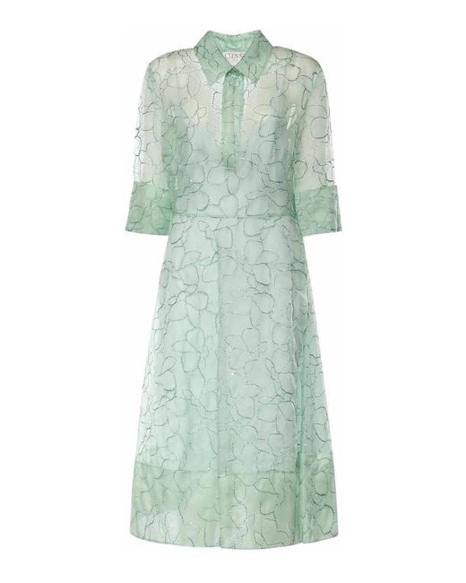 Genny Green Silk Organza Dress With Orchid Embroidery