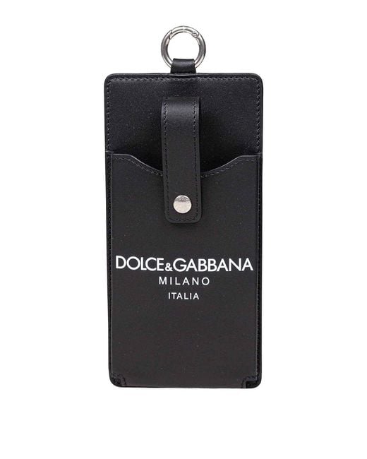 Dolce & Gabbana Black Calfskin Cell Phone Holder With Dolce&Amp;Gabbana Milano Logo Print for men