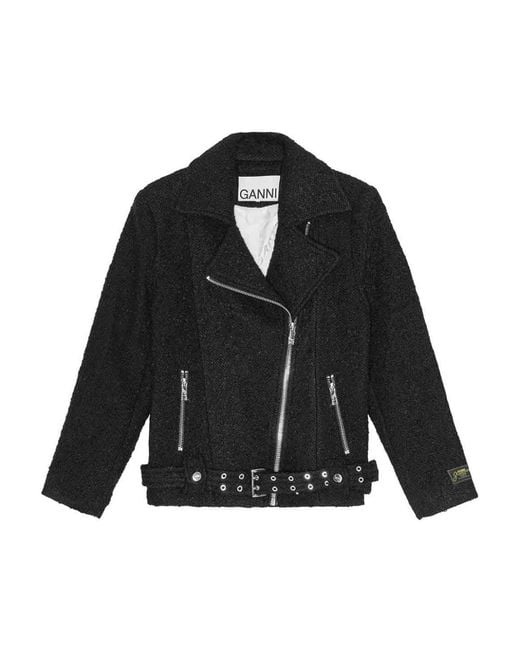 Ganni Black Boucle Wool Biker Jacket