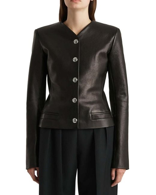 Khaite Black Nara Leather Single-Breasted Collarless Jacket