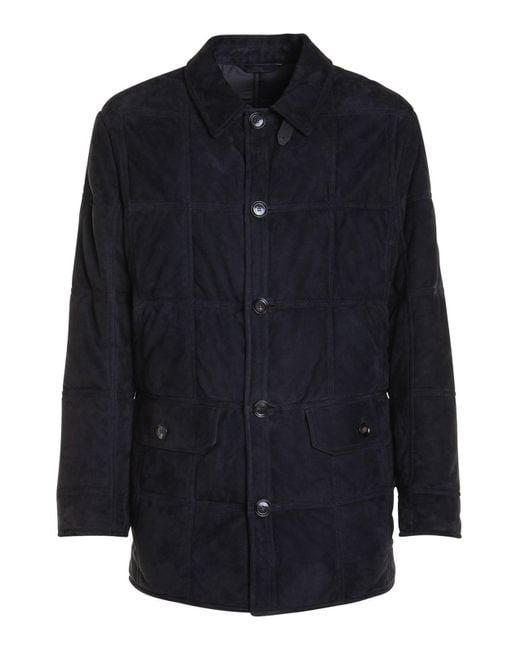 Brioni Blue Leather Down Jacket for men