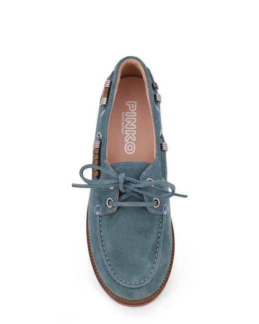 Pinko Blue Grace Suede Loafers With Metal Lettering Logo