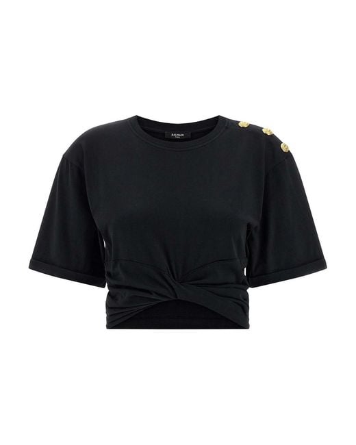 Balmain Black Knotted Crop T-Shirt