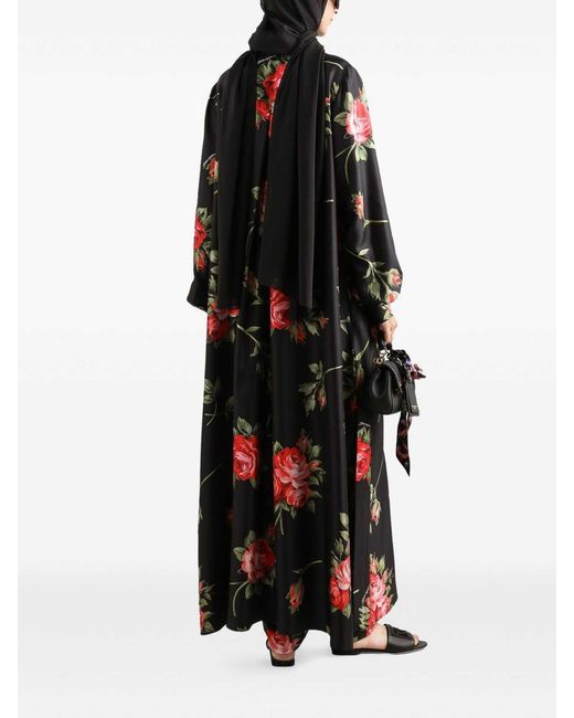 Dolce & Gabbana Red Rose Bouquet-Print Long Twill Dress