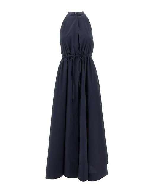 Emporio Armani Blue Cotton Midi Halter Dress Sleeveless Drawstring