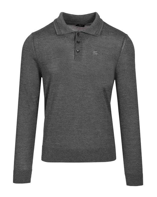 Etro Gray Wool And Silk Polo Shirt for men