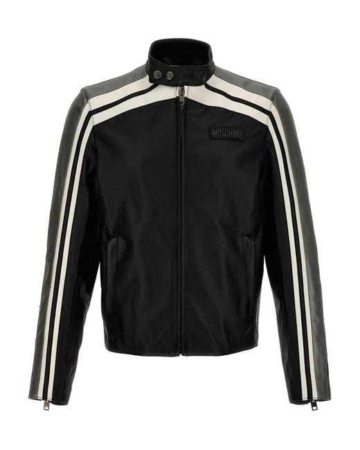 Moschino Black Leather Jacket With Contrasting Bands for men