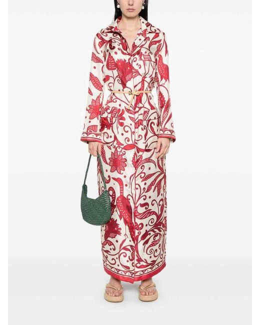 F.R.S For Restless Sleepers Red Printed Silk Long Shirtdress