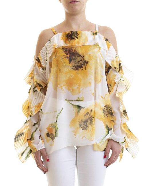 Blugirl Blumarine Metallic Floral Printed Off The Shoulder Blouse