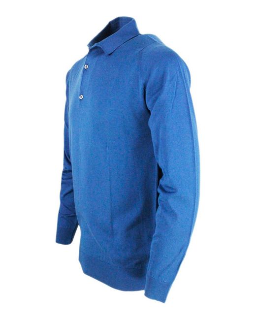 John Smedley Blue Cotton Long Sleeves Polo for men