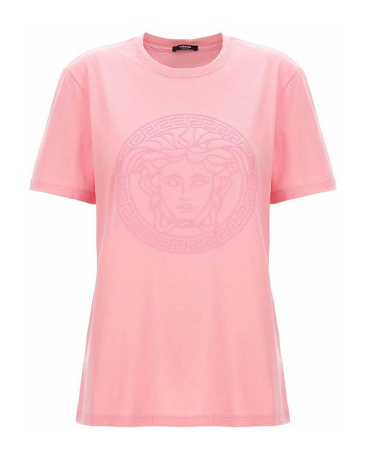 Versace Pink Cotton T-shirt Medusa Print Crew Neck