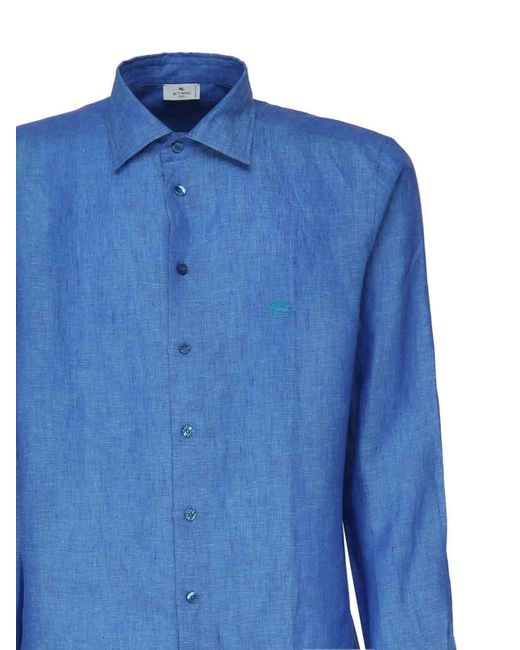 Etro Blue Linen Shirt With Logo for men