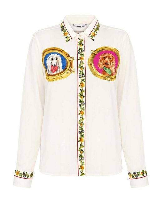 Caliban White Silk Shirt With Dog Print