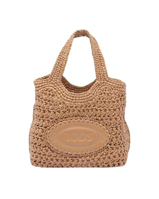 Tod's Natural Mini Rafia And Leather Shopping Bag