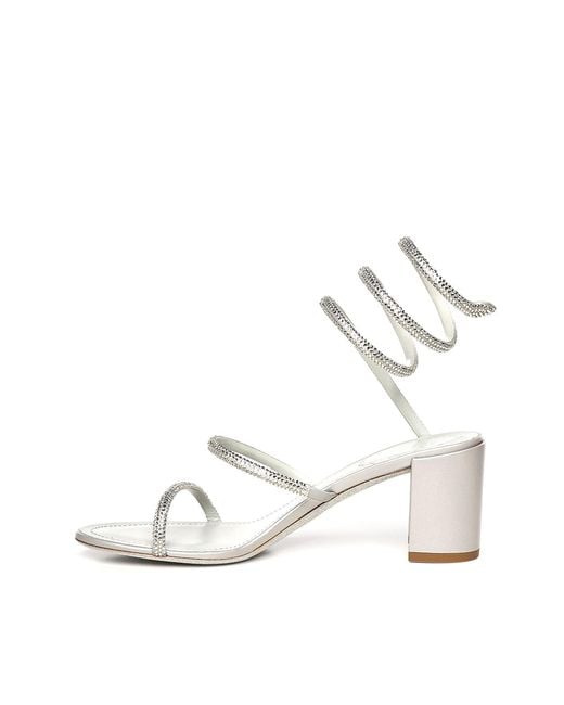 Rene Caovilla White Cleo Satin Sandals With Rhinestones