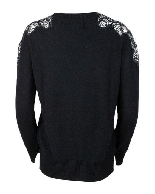 Ermanno Scervino Blue Lace Trimmed Cashmere Sweater