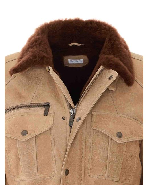 Brunello Cucinelli Natural Waxed Shearling Safari Jacket for men