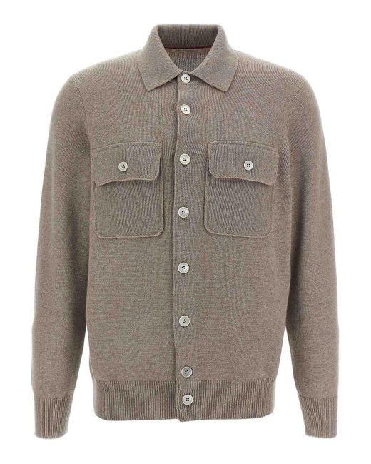 Brunello Cucinelli Gray Flap-Pocket Collared Cardigan for men