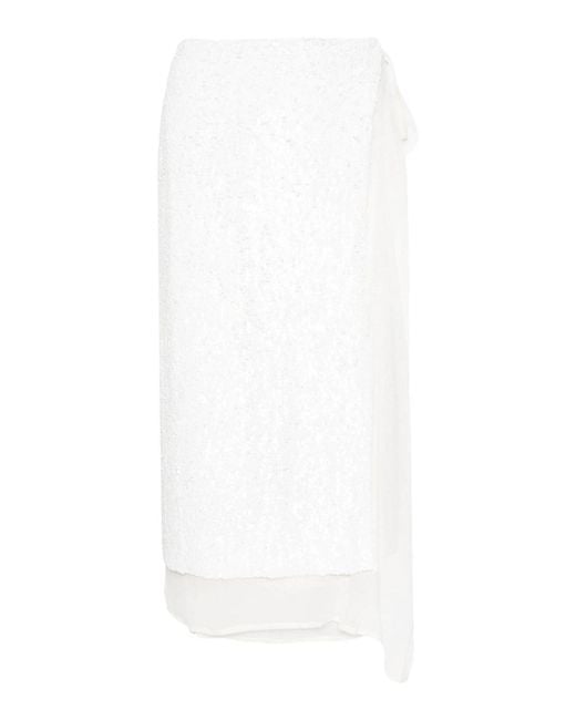 P.A.R.O.S.H. White Sequined Wrap Midi Skirt