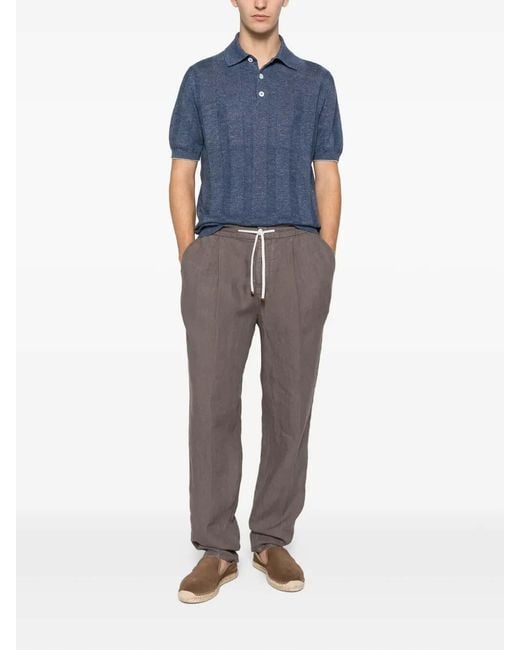 Brunello Cucinelli Blue Linen And Cotton Wide Rib Knit Polo for men