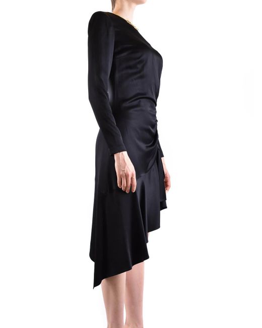 Elisabetta Franchi Black Asymmetric Hem High Neckline Long Sleeves Dress